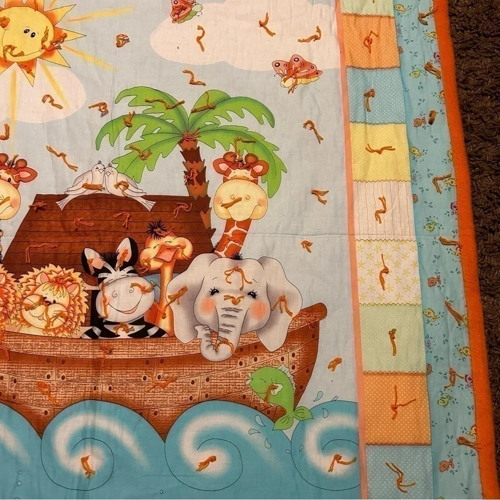 Noah’s Ark Quilt Handmade 36”x45” Orange Blue Baby Gender Neutral Nursery